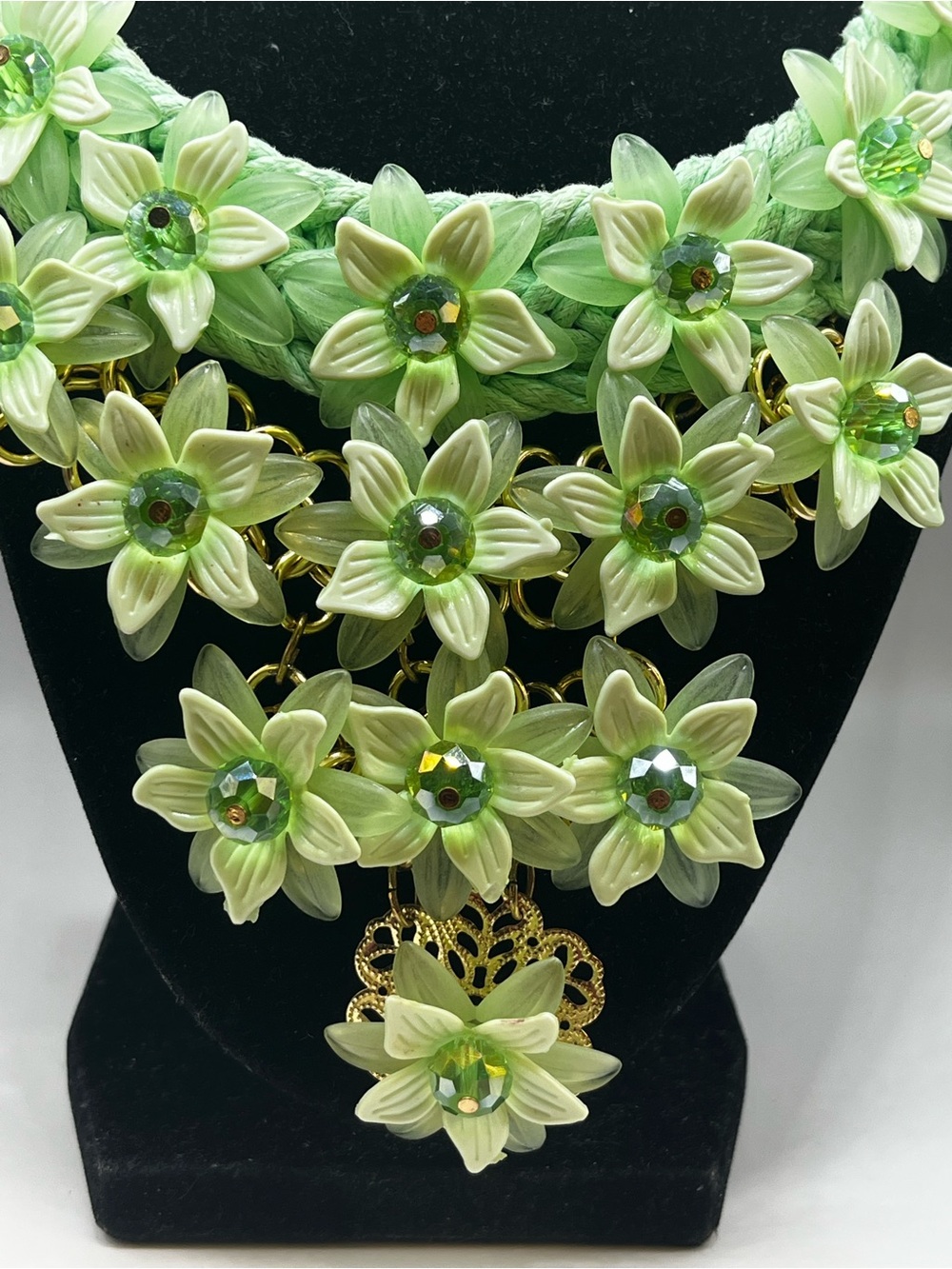 Green Chroma, Green Glass and Green AB stones Bib statement necklace - Picture 5 of 15